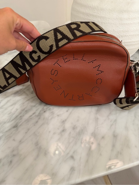 Stella McCartney Handbags - Stella McCartney Cognac Faux-Leather Crossbody with Branded Canvas Strap